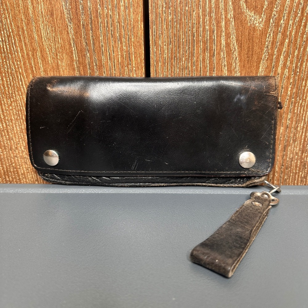 Vtg Black Leather Trucker Wallet Biker Streetwear Wallet Distressed Snap Closure